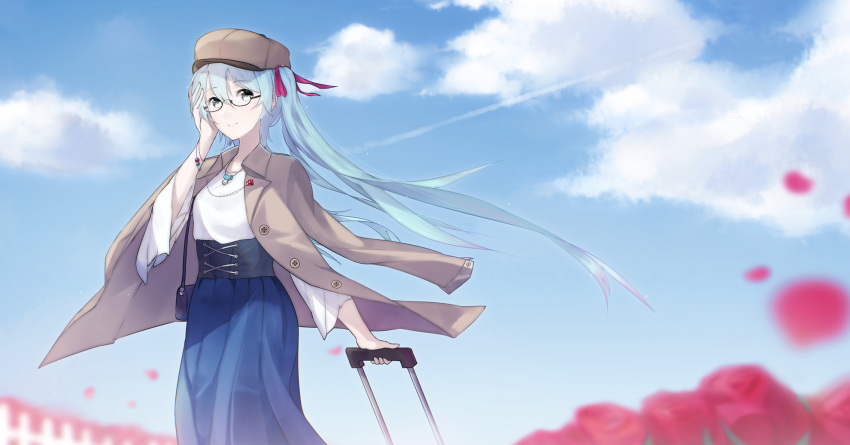 1girl bangs blue_hair blue_skirt blue_sky blurry blurry_foreground bracelet brown_headwear closed_mouth clouds coat coat_on_shoulders day domremix eyebrows_visible_through_hair floating_hair flower glasses green_eyes hair_between_eyes hair_ribbon hand_in_hair hat hatsune_miku highres holding jewelry long_hair long_skirt long_sleeves necklace open_clothes open_coat outdoors petals pleated_skirt red-framed_eyewear red_flower red_ribbon ribbon semi-rimless_eyewear shirt skirt sky smile solo twintails under-rim_eyewear underbust very_long_hair vocaloid white_shirt