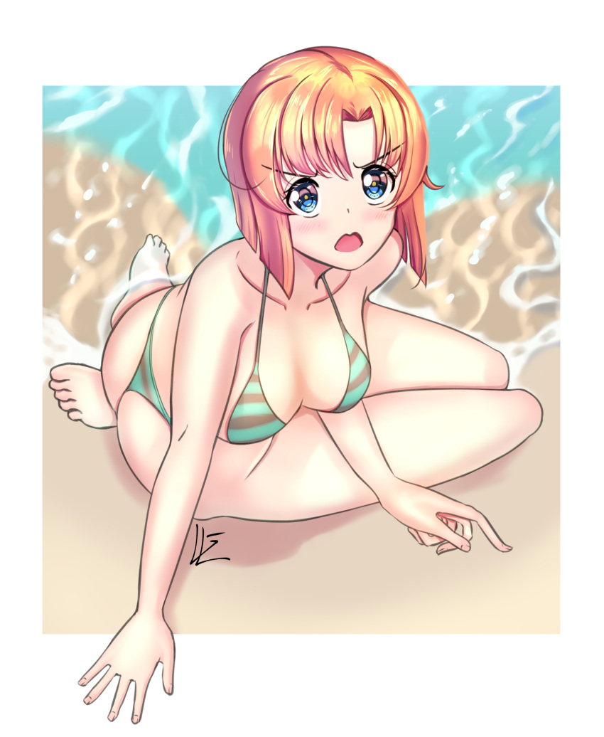 1girl arm_support ass bad_anatomy bikini blue_eyes blush breasts breasts_apart d: from_above highres higurashi_no_naku_koro_ni medium_breasts open_mouth orange_hair outside_border revvie ryuuguu_rena sitting solo striped striped_bikini swimsuit v-shaped_eyebrows wariza water white_background