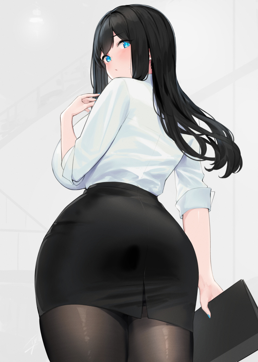 1girl ass back bangs black_hair black_legwear black_skirt blue_eyes blush breasts collared_shirt dress_shirt hayabusa highres large_breasts long_hair long_sleeves looking_at_viewer looking_back mole mole_under_eye office_lady original pantyhose pencil_skirt shirt skirt solo thighs white_shirt