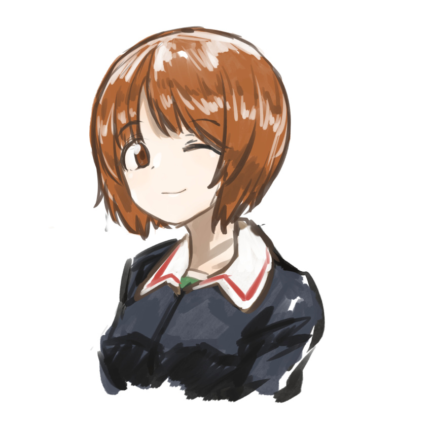 1girl brown_hair girls_und_panzer highres one_eye_closed ooarai_military_uniform oshiri_seijin short_hair sketch smile solo upper_body white_background