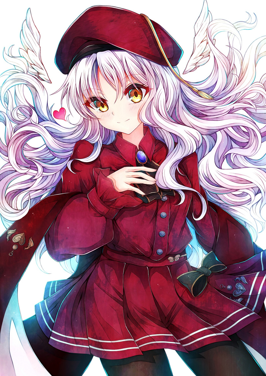 1girl bangs beret black_legwear breasts brooch caren_hortensia caren_hortensia_(amor_caren) dress fate/grand_order fate_(series) hat heart highres jewelry long_hair long_sleeves looking_at_viewer medium_breasts neck_ribbon pantyhose red_dress red_headwear ribbon shawl smile soda_(sodachuxd) solo thighs wavy_hair white_hair wings yellow_eyes