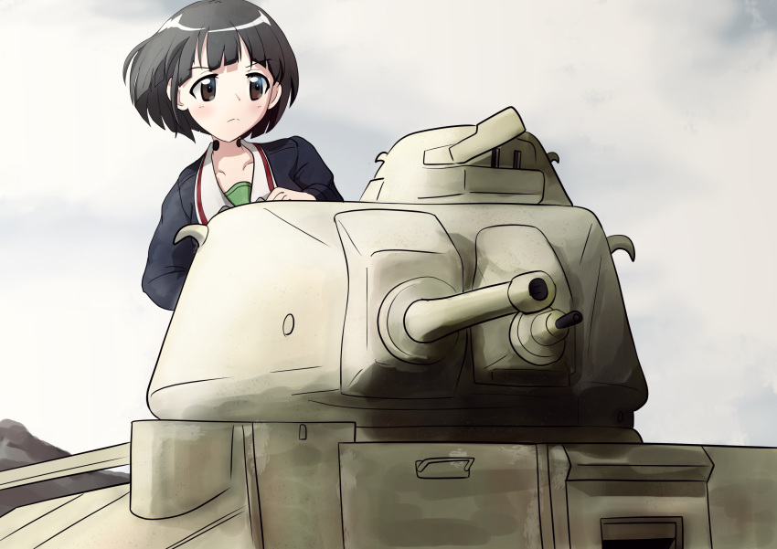1girl absurdres artist_request black_hair bob_cut brown_eyes char_b1 commentary_request day girls_und_panzer ground_vehicle highres military military_vehicle motor_vehicle ooarai_military_uniform short_hair solo sono_midoriko tank tank_turret