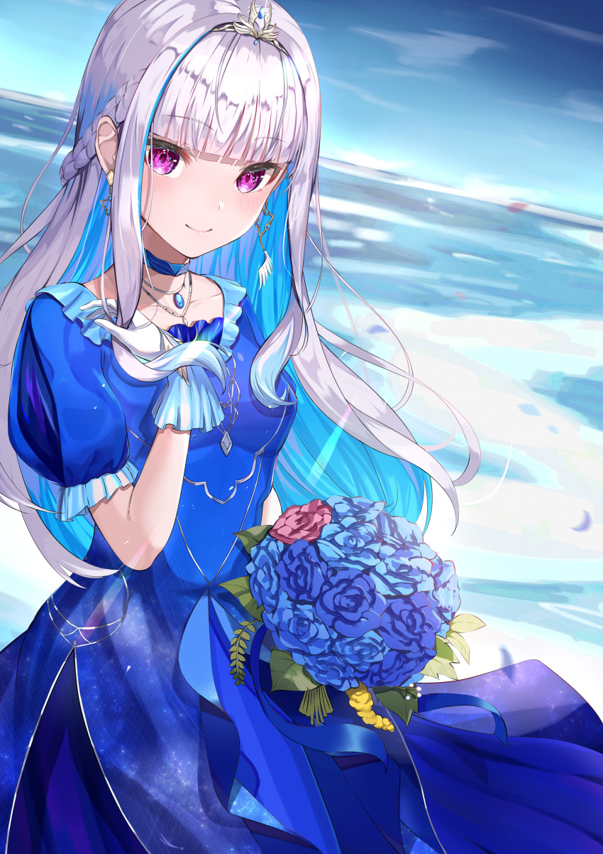 1girl absurdres appo_(36786257) bangs blue_choker blue_dress blue_flower blue_hair bouquet breasts choker clouds collarbone colored_inner_hair dress earrings eyebrows_visible_through_hair flower gloves hair_behind_ear hand_on_own_chest head_tilt highres holding holding_bouquet huge_filesize jewelry lize_helesta looking_at_viewer multicolored_hair necklace nijisanji silver_hair sky small_breasts smile solo violet_eyes virtual_youtuber white_gloves