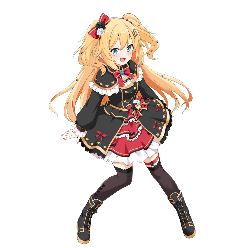 1girl :d absurdres akai_haato aqua_eyes bangs black_capelet black_jacket black_legwear black_skirt blonde_hair blush boots bow capelet cross-laced_footwear dress felutiahime frilled_dress frills full_body garters hair_bow hair_ornament hairclip heart heart_hair_ornament highres hololive jacket lace-up_boots layered_dress long_hair looking_at_viewer nail_polish open_mouth overskirt playing_card_theme red_dress simple_background single_garter skirt skirt_set smile solo thigh-highs two_side_up very_long_hair virtual_youtuber white_background