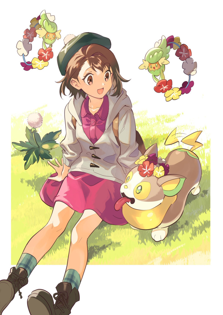 1girl :d arm_support backpack bag bangs bob_cut boots brown_bag brown_eyes brown_footwear brown_hair buttons cardigan collared_dress comfey commentary_request dress eyelashes gen_7_pokemon gen_8_pokemon gloria_(pokemon) grass green_headwear green_legwear grey_cardigan hat highres hooded_cardigan knees open_mouth peco-midori pink_dress plaid plaid_legwear pokemon pokemon_(creature) pokemon_(game) pokemon_swsh shiny shiny_hair short_hair sitting smile socks tam_o'_shanter yamper