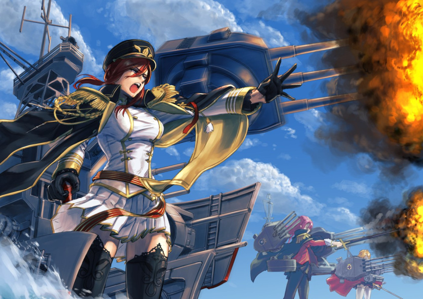 3girls agenakataira777 aiguillette artillery azur_lane black_coat black_gloves black_headwear black_legwear black_skirt blonde_hair blue_sky breasts buttons cane cape clouds coat double-breasted duke_of_york_(azur_lane) epaulettes fire gloves gold_trim gun half_gloves hat holding holding_cane holding_sword holding_weapon jacket large_breasts long_hair military military_uniform miniskirt monarch_(azur_lane) multiple_girls naval_uniform open_clothes open_coat open_mouth outstretched_arm pantyhose peaked_cap pink_hair pleated_skirt prince_of_wales_(azur_lane) rapier red_cape red_eyes red_jacket rigging skirt sky smoke smoking_gun sword thigh-highs uniform weapon white_jacket white_legwear white_skirt zettai_ryouiki