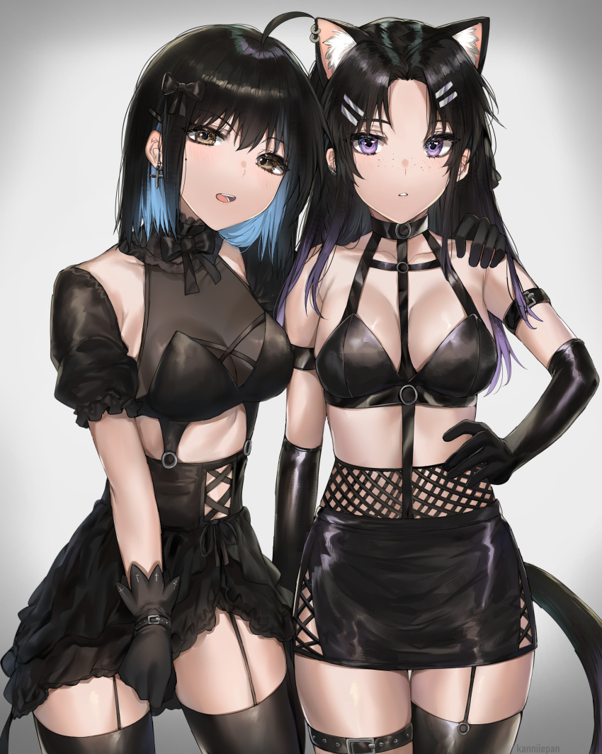 2girls absurdres ahoge animal_ear_fluff animal_ears arm_around_shoulder arm_strap bangs between_breasts black_bow black_dress black_gloves black_hair black_legwear black_skirt blue_hair blush bow breasts brown_eyes cat_ears cat_girl cat_tail collarbone commentary cowboy_shot crop_top cross cross_earrings detached_sleeves dress earrings elbow_gloves extra_ears eyebrows_visible_through_hair freckles garter_straps gloves gradient_hair hair_between_eyes hair_bow hair_ornament hairclip hand_on_another's_shoulder hand_on_hip hand_up highres irene_(kanniiepan) jewelry kanniiepan long_hair looking_at_viewer medium_breasts medium_hair midriff miniskirt mole mole_under_eye multicolored_hair multiple_girls open_mouth original parted_bangs parted_lips purple_hair short_sleeves simple_background single_thighhigh skirt standing tail thigh-highs thigh_strap violet_eyes