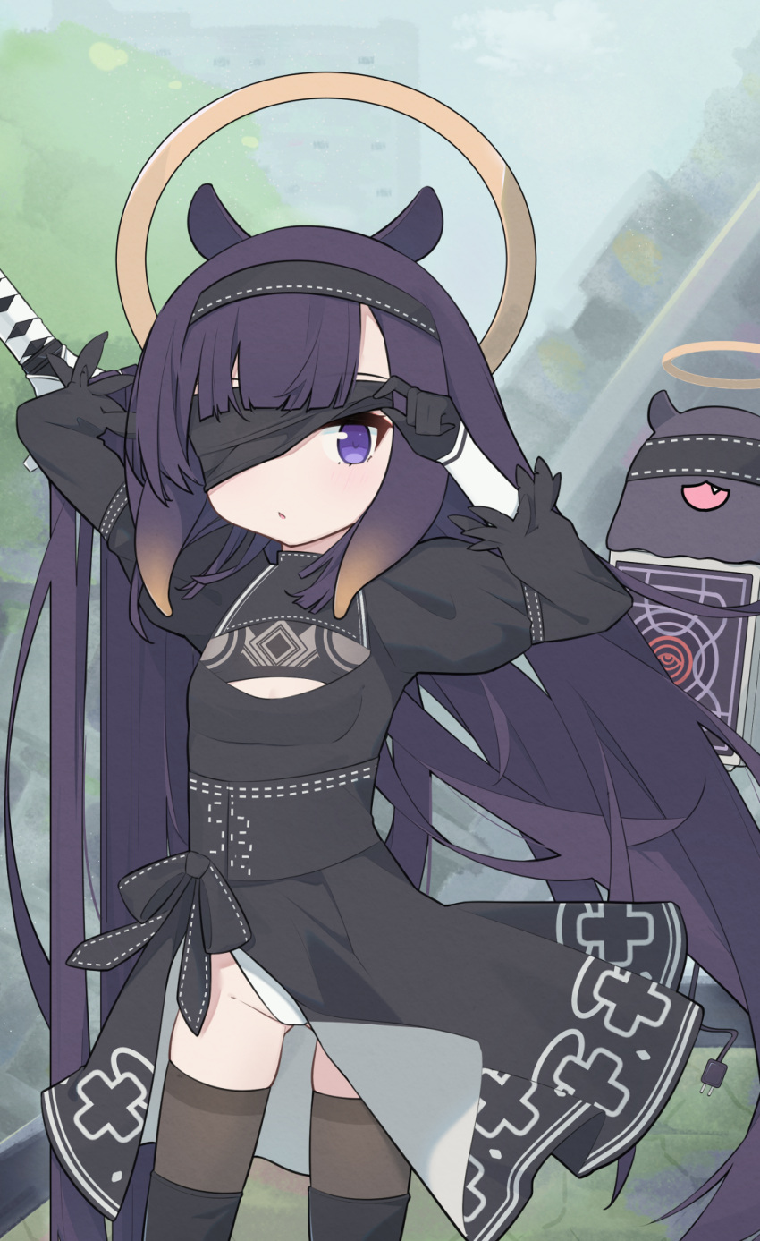 1girl :3 :d ao-chan_(ninomae_ina'nis) arms_up ass_visible_through_thighs black_blindfold black_gloves blindfold brown_legwear cleavage_cutout clothing_cutout cosplay cp2980606 electric_plug fang flat_chest gloves hairband halo highres hololive hololive_english leotard leotard_under_clothes long_hair long_sleeves looking_at_viewer nier_(series) nier_automata ninomae_ina'nis open_mouth outdoors purple_hair smile standing sword sword_behind_back tako_(ninomae_ina'nis) tentacle_hair thigh-highs violet_eyes virtual_youtuber weapon white_leotard yorha_no._2_type_b yorha_no._2_type_b_(cosplay) yorha_no._9_type_s yorha_no._9_type_s_(cosplay)