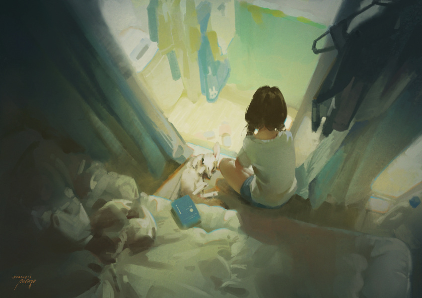 1girl balcony black_hair blanket blurry book braid curtains dark dated fennec_fox from_above from_behind futon indoors laundry long_hair looking_to_the_side original shorts signature sitting sliding_doors slippers_removed solo sunlight twin_braids xiaobanbei_milk