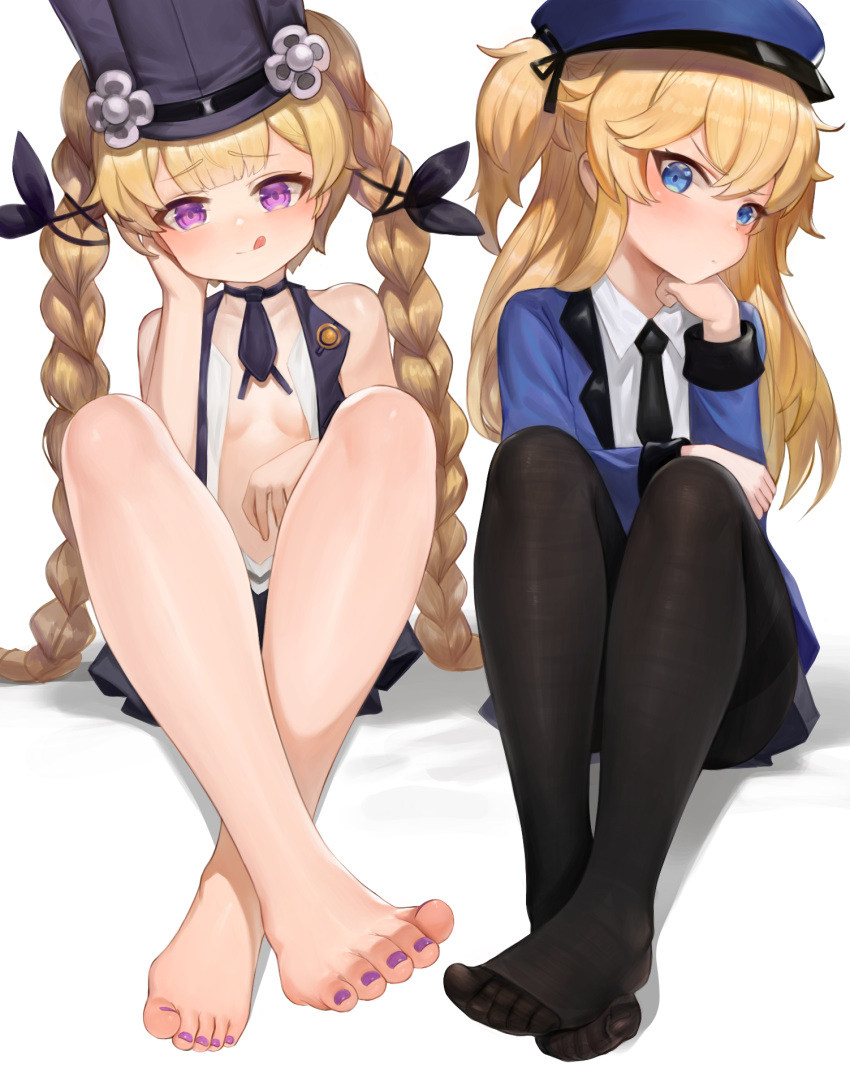 2girls :q bangs bare_legs bare_shoulders barefoot black_choker black_headwear black_jacket black_legwear black_neckwear blonde_hair blue_eyes blue_headwear blue_jacket blunt_bangs blush braid breasts choker closed_mouth collared_shirt commentary_request dokomon eyebrows_visible_through_hair feet full_body girls_frontline hair_between_eyes hand_up hat highres invisible_chair jacket korean_commentary legs long_hair long_sleeves looking_at_viewer multiple_girls necktie no_shoes pantyhose peaked_cap purple_nails shirt simple_background sitting sleeveless sleeveless_jacket small_breasts sr-3mp_(girls_frontline) super_shorty_(girls_frontline) toenail_polish toes tongue tongue_out twin_braids twintails two_side_up very_long_hair violet_eyes white_background white_shirt