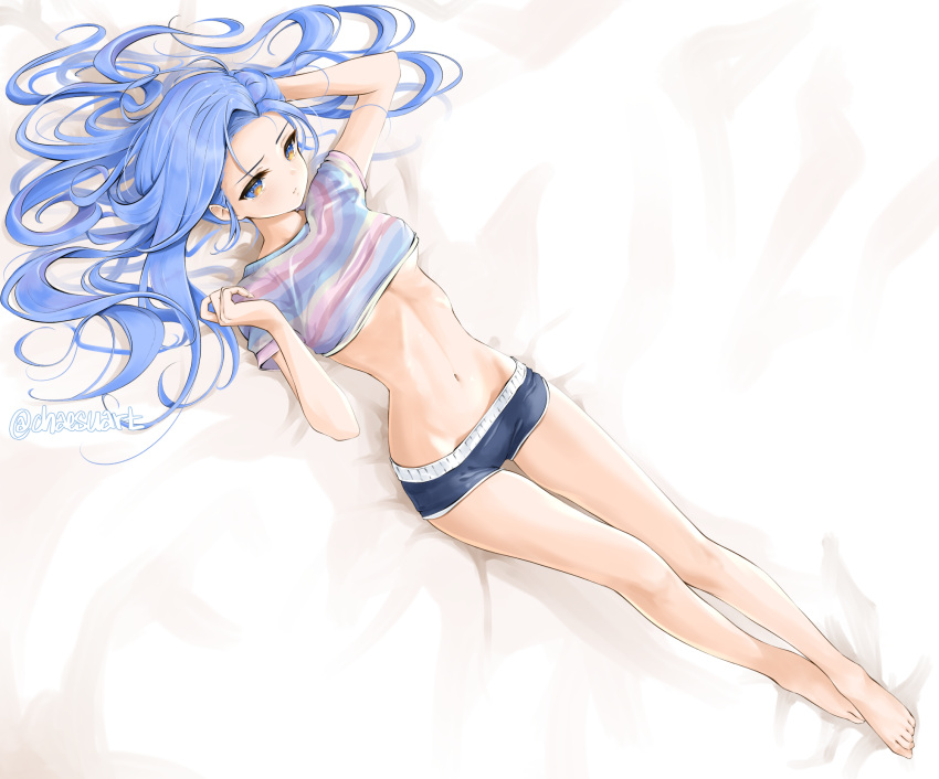 1girl arm_up artist_name banned_artist bare_legs barefoot bed_sheet blue_eyes blue_hair blue_shorts breasts chaesu commentary forehead hand_up highres long_hair lying micro_shorts midriff minah_(chaesu) navel on_back original shirt shorts small_breasts solo stomach striped striped_shirt thighs twitter_username
