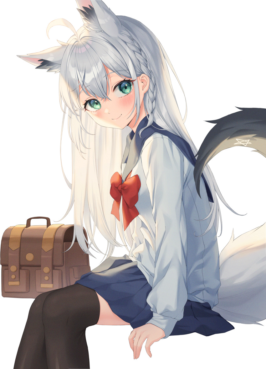 1girl absurdres ahoge animal_ear_fluff animal_ears bag bangs black_legwear blue_sailor_collar blue_skirt blush bow braid breasts closed_mouth commentary_request eyebrows_visible_through_hair feet_out_of_frame fox_ears fox_girl fox_tail from_side green_eyes hair_between_eyes highres hololive huge_filesize invisible_chair long_hair long_sleeves looking_at_viewer looking_to_the_side miniskirt pentagram red_bow sailor_collar school_bag school_uniform serafuku shirakami_fubuki shirt silver_hair simple_background sitting skirt smile solo tail thigh-highs virtual_youtuber white_background white_shirt xiho_(suna)