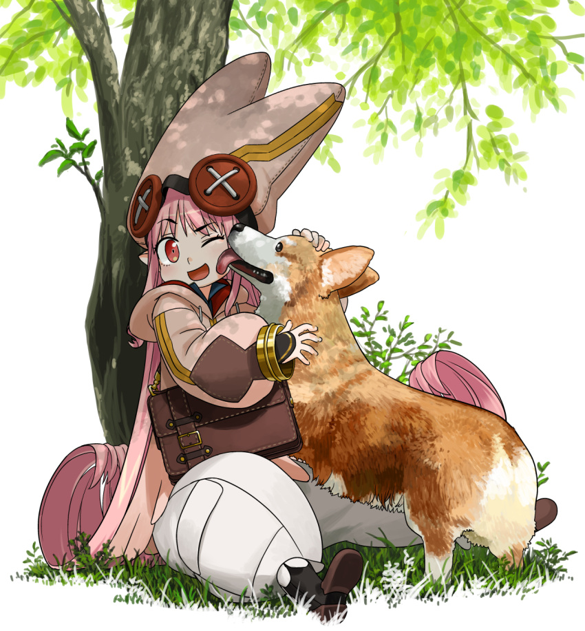 bag baggy_pants boots face_licking fate/grand_order fate_(series) grass habetrot_(fate) hat highres hirai_yukio licking long_hair one_eye_closed pants pink_hair pointy_ears sitting tree welsh_corgi