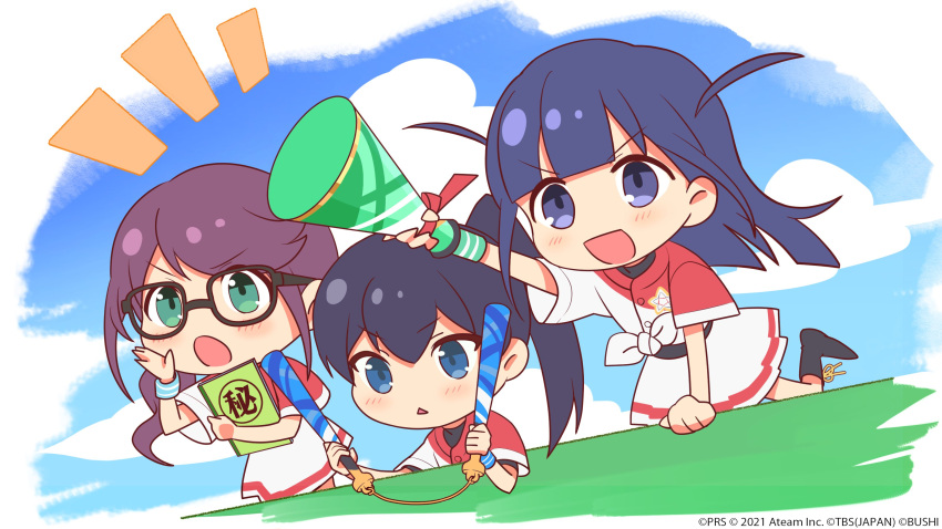 3girls :d absurdres alternate_hairstyle arm_support artist_request bangs baseball_bat baseball_uniform black-framed_eyewear black_footwear black_hair blue_eyes blue_hair blunt_bangs blunt_ends blush boots buttons cheering chibi commentary_request day eyebrows_visible_through_hair glasses green_eyes hand_up hands_up highres holding holding_baseball_bat holding_megaphone holding_notebook hoshimi_junna kagura_hikari leaning_forward leg_up long_hair looking_away low_ponytail megaphone miniskirt multiple_girls notebook notice_lines official_art open_mouth outdoors outstretched_arm parted_lips pleated_skirt ponytail purple_hair red_shirt shirt short_sleeves shoujo_kageki_revue_starlight shoujo_kageki_revue_starlight_-re_live- shouting shouting_with_hands side_ponytail single_stripe skirt smile sportswear standing standing_on_one_leg sweatband swept_bangs tied_shirt triangle_mouth tsuyuzaki_mahiru two-tone_shirt two_side_up undershirt v-shaped_eyebrows violet_eyes watermark white_background white_shirt white_skirt wristband