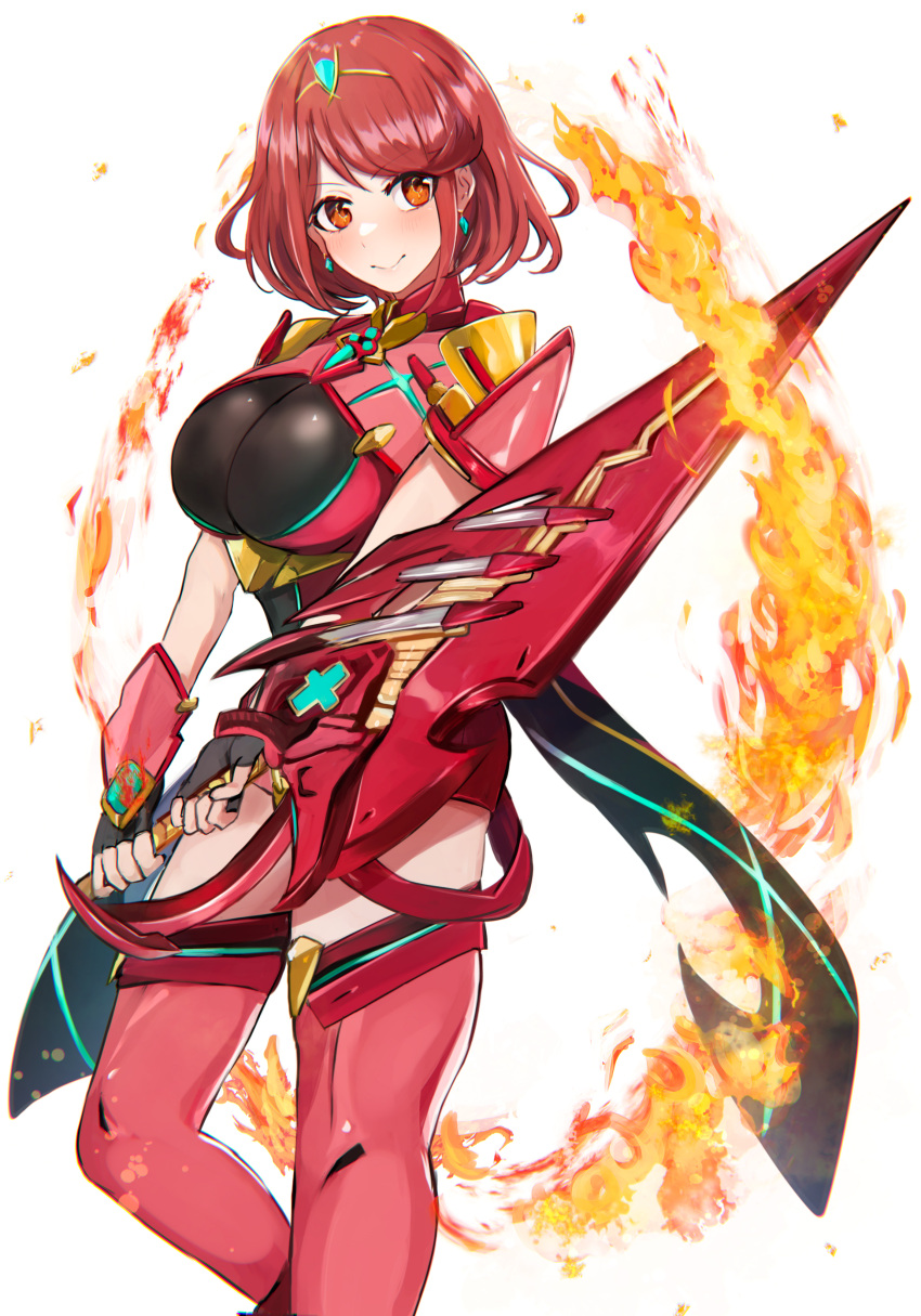 1girl absurdres aegis_sword_(xenoblade) bangs black_gloves breasts chest_jewel earrings fingerless_gloves gem gloves headpiece highres jewelry large_breasts miyako_(00727aomiyako) pyra_(xenoblade) red_eyes red_legwear red_shorts redhead short_hair short_shorts shorts swept_bangs sword thigh-highs tiara weapon xenoblade_chronicles_(series) xenoblade_chronicles_2