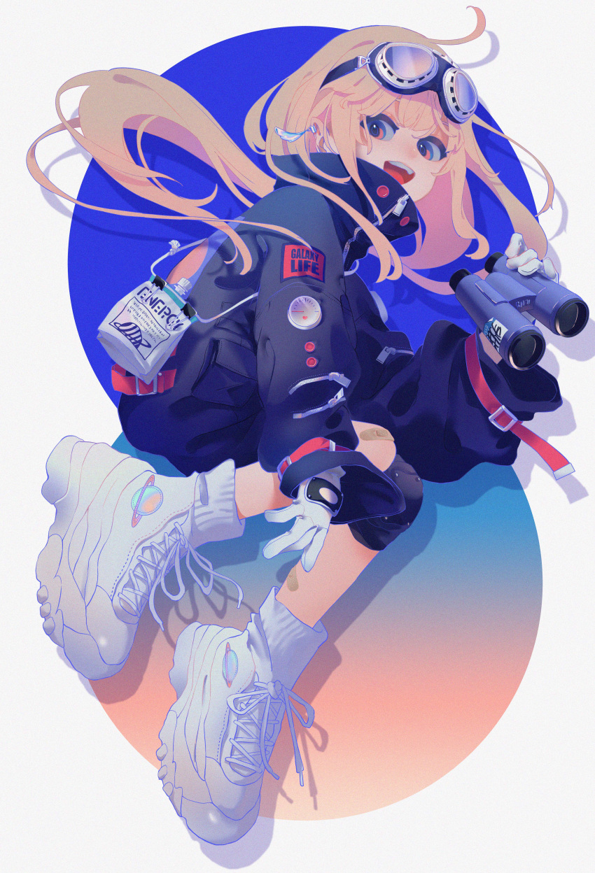 1girl absurdres bangs black_jacket blonde_hair floating_hair full_body gloves goggles goggles_on_head highres huge_filesize jacket long_hair long_sleeves original ritao_kamo shadow shoes socks solo white_footwear white_gloves white_legwear zipper zipper_pull_tab