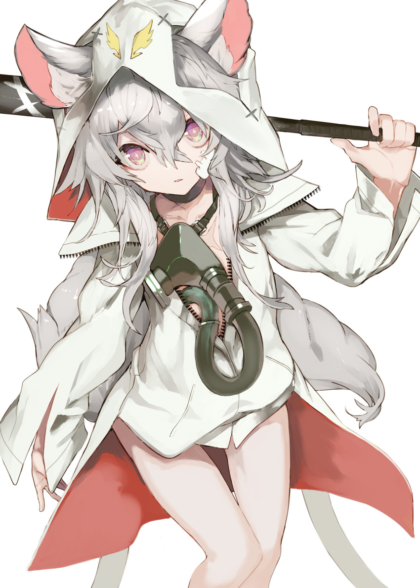 1girl animal_ears bare_legs gas_mask hair_between_eyes highres holding holding_weapon jacket long_hair long_sleeves looking_at_viewer original patch shiromiso silver_hair solo sparkling_eyes tail violet_eyes weapon white_background zipper