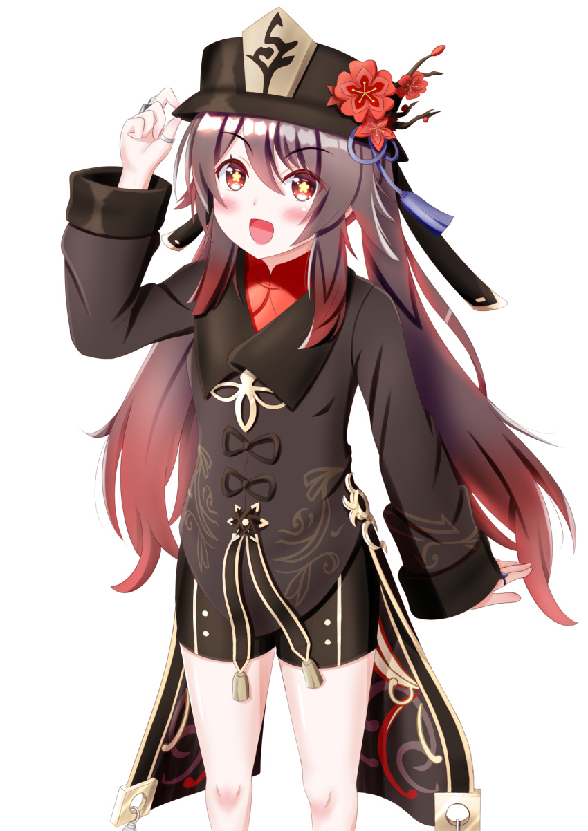 1girl :d adjusting_clothes adjusting_headwear bangs black_hair black_nails black_shorts chinese_clothes commentary_request eyebrows_visible_through_hair eyes_visible_through_hair flower genshin_impact hat hat_flower hat_ornament highres hu_tao_(genshin_impact) jewelry long_hair long_sleeves looking_at_viewer natsumi_shiumi open_mouth red_eyes ring shorts sidelocks simple_background smile solo star-shaped_pupils star_(symbol) symbol-shaped_pupils twintails white_background wide_sleeves