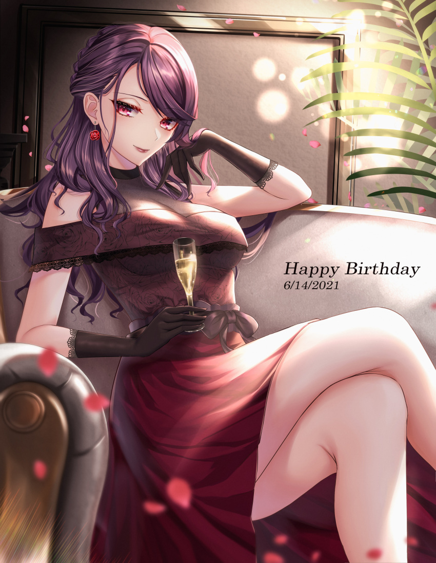 1girl absurdres alcohol bangs bare_shoulders black_gloves blush breasts champagne closed_mouth couch crossed_legs dress earrings eyebrows_visible_through_hair feet_out_of_frame gloves gundou_mirei happy_birthday highres jewelry large_breasts lips long_hair looking_at_viewer nijisanji off_shoulder petals purple_hair rai_(newtype_xm-x1) red_dress sitting smile solo thighs virtual_youtuber