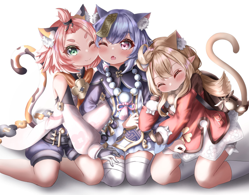 3girls :3 ;o ^_^ absurdres ahoge animal_ears arm_hug backpack bag bag_charm bangs bangs_pinned_back bead_necklace beads belt bloomers blush brown_gloves brown_scarf cat_ears cat_tail charm_(object) cheek-to-cheek closed_eyes clover_print coat commentary_request detached_sleeves diona_(genshin_impact) dodoco_(genshin_impact) eyebrows_visible_through_hair genshin_impact gloves green_eyes hair_between_eyes hair_ribbon highres holding_another's_arm huge_filesize jewelry jiangshi kemonomimi_mode klee_(genshin_impact) kneehighs kneeling kuma_piv light_brown_hair long_hair long_sleeves looking_at_another looking_at_viewer low_twintails multiple_girls necklace no_headwear ofuda one_eye_closed pink_hair pocket pointy_ears purple_hair qiqi_(genshin_impact) randoseru red_coat ribbon scarf short_hair shorts sidelocks simple_background sitting tail thick_eyebrows thigh-highs twintails underwear violet_eyes wariza white_background white_gloves white_legwear wide_sleeves zettai_ryouiki