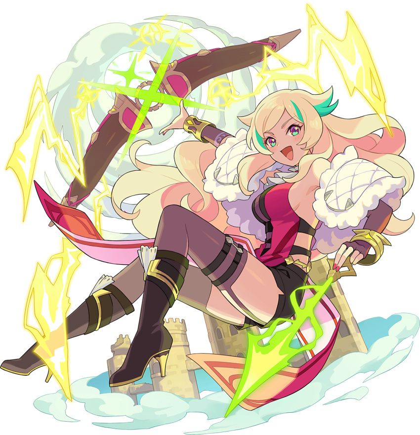 1girl arm_up arrow_(projectile) artist_request ascot bangs bare_shoulders black_footwear black_shorts blonde_hair blush boots bow_(weapon) bracelet breasts capelet castle clouds electricity fingerless_gloves floating from_side full_body fur-trimmed_capelet fur_trim garter_straps gloves green_eyes green_hair grey_legwear hair_flaps happy high_heels highres holding holding_arrow huge_weapon jewelry knee_boots looking_at_viewer medium_breasts metis_(world_flipper) midair multicolored multicolored_eyes multicolored_hair nail_polish non-web_source official_art open_mouth outstretched_arm parted_bangs pelvic_curtain pink_nails shiny shiny_hair short_shorts shorts side_slit sideboob sidelocks single_glove sleeveless smile solo streaked_hair symbol_in_eye tabard thigh-highs thigh_strap transparent_background two-tone_hair v-shaped_eyebrows violet_eyes weapon white_capelet white_neckwear world_flipper
