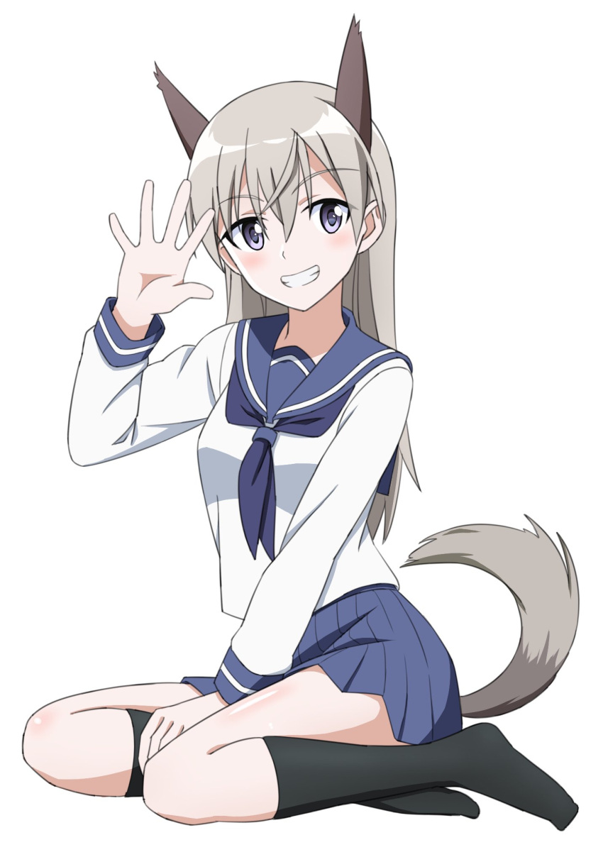 1girl animal_ears dress eila_ilmatar_juutilainen eyebrows_visible_through_hair grey_eyes grey_hair hair_between_eyes hand_on_own_leg highres kanata_mako looking_at_viewer sailor_dress sitting smile socks solo strike_witches tail waving white_background world_witches_series
