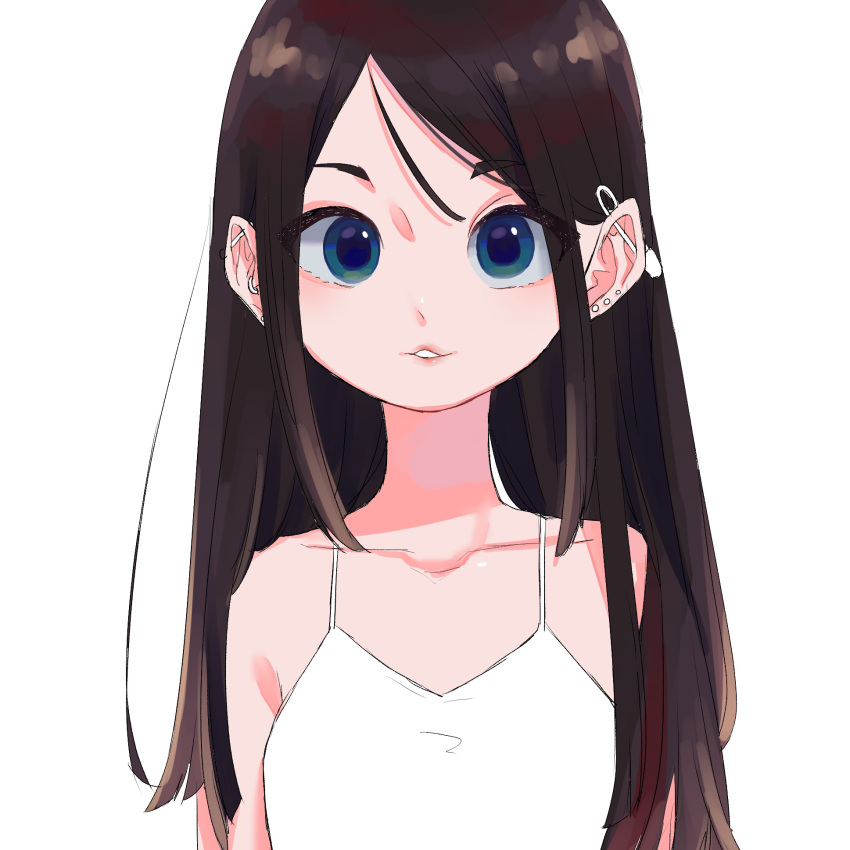 1girl black_hair blue_eyes camisole collarbone ear_piercing earrings highres jewelry long_hair original parted_lips piercing ritao_kamo safety_pin simple_background smile solo white_background white_camisole