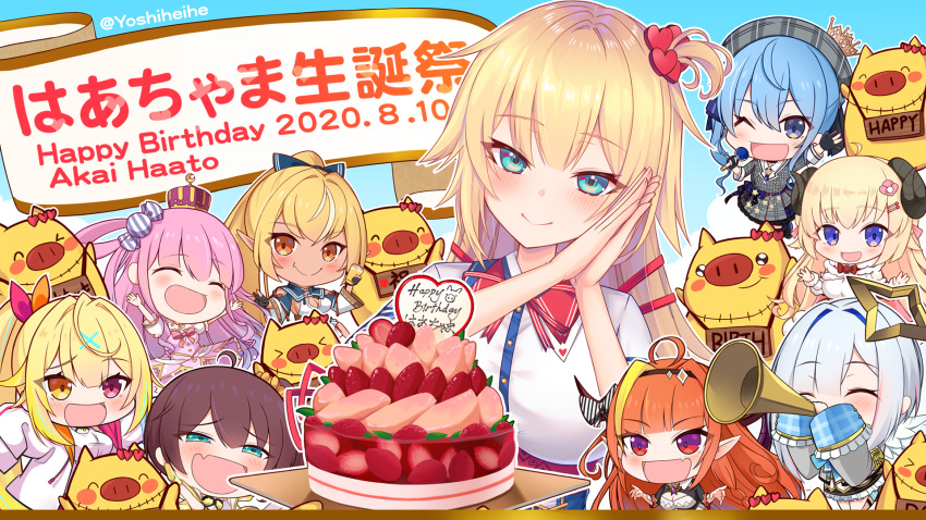 2020 6+girls ahoge akai_haato amane_kanata aqua_eyes artist_name bangs birthday blonde_hair blue_background blue_eyes blue_hair blush blush_stickers bow cake character_name chibi closed_eyes clouds colored_inner_hair crown cup dragon_girl dragon_horns dress english_text eyebrows_visible_through_hair fang fingerless_gloves food gloves haaton_(akai_haato) hair_bow hair_ornament hair_ribbon hairclip hands_clasped happy happy_birthday heart heart_hair_ornament heart_in_eye heterochromia highres himemori_luna holding holding_cup holding_microphone hololive horn_bow horns hoshikawa_sara hoshimachi_suisei instrument kiryu_coco long_hair looking_at_viewer microphone multicolored_hair multiple_girls natsuiro_matsuri nijisanji one_eye_closed open_mouth orange_eyes orange_hair outline own_hands_together pink_hair pleated_dress pointy_ears red_eyes ribbon sheep_girl sheep_horns shiranui_flare signpost silver_hair simple_background smile star_(symbol) star_in_eye strawberry_cake streaked_hair symbol_in_eye trumpet tsunomaki_watame virtual_youtuber white_outline yellow_eyes yoshiheihe