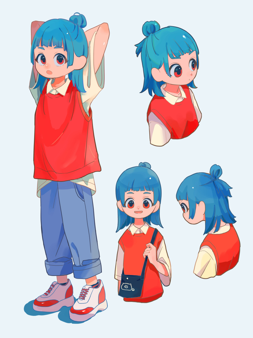 1girl absurdres arms_up bag bangs blue_hair blunt_bangs collared_shirt cropped_torso full_body grey_pants hair_bun highres medium_hair multiple_views original pants parted_lips red_eyes red_sweater ritao_kamo shirt shoes shoulder_bag simple_background smile standing sweater upper_body white_background white_shirt