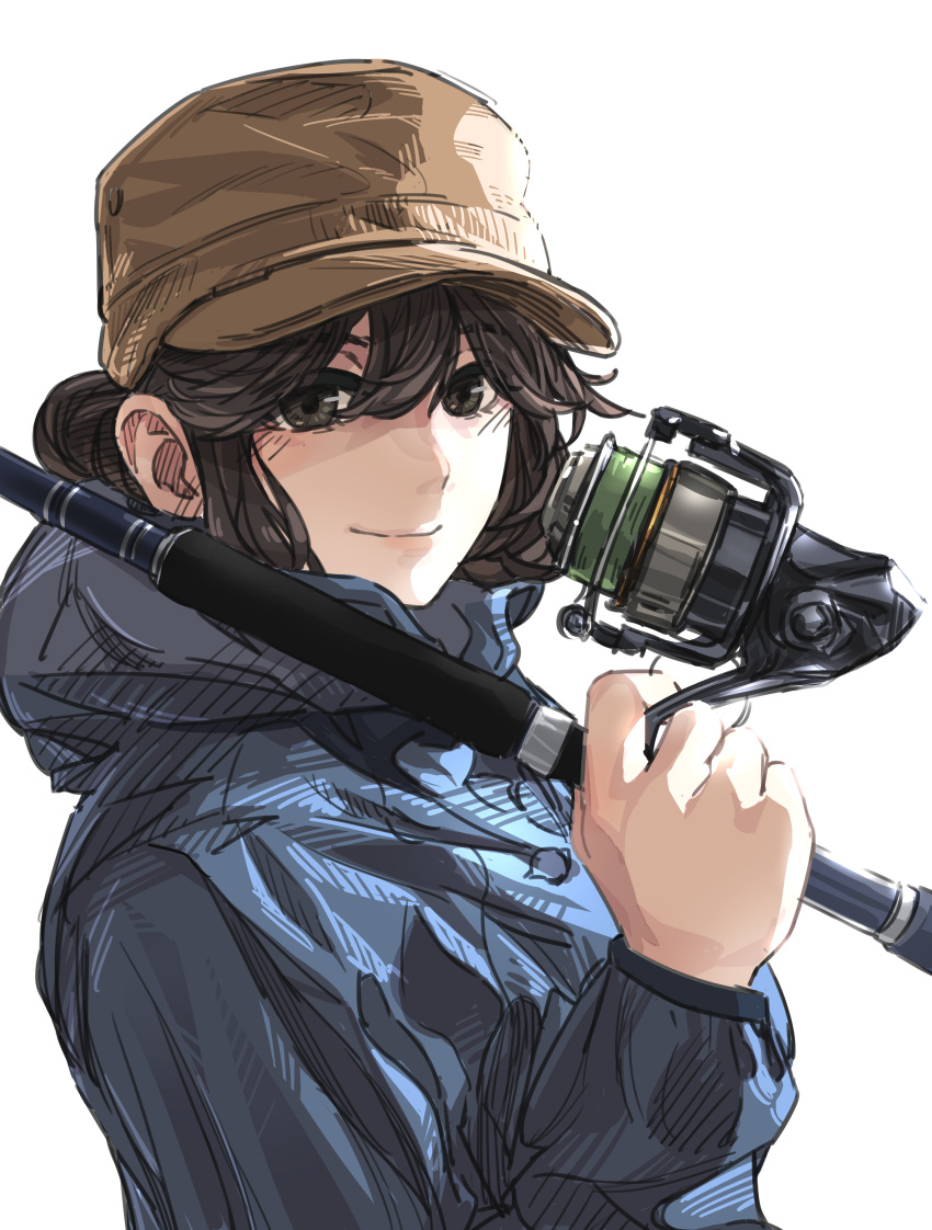 1girl absurdres brown_eyes brown_hair fishing_rod hair_between_eyes hat highres hood hooded_jacket jacket looking_at_viewer original oshiri_seijin smile solo upper_body white_background