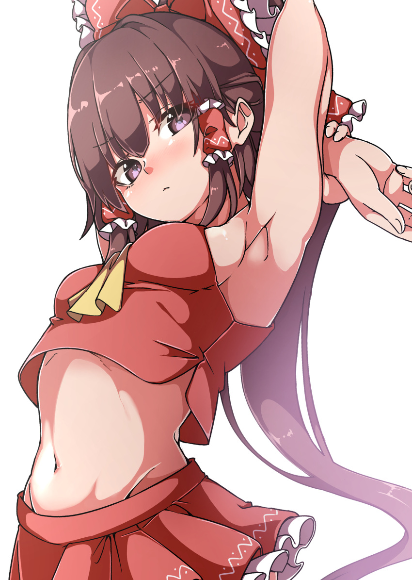 1girl absurdres armpits blush bow breasts brown_hair eyebrows eyebrows_visible_through_hair eyes_visible_through_hair gokuu_(acoloredpencil) hair_ornament hakurei_reimu highres long_hair looking_at_viewer looking_down midriff purple_eyes red_bow red_shirt red_skirt shirt simple_background skirt sleeveless sleeveless_shirt small_breasts solo touhou white_background
