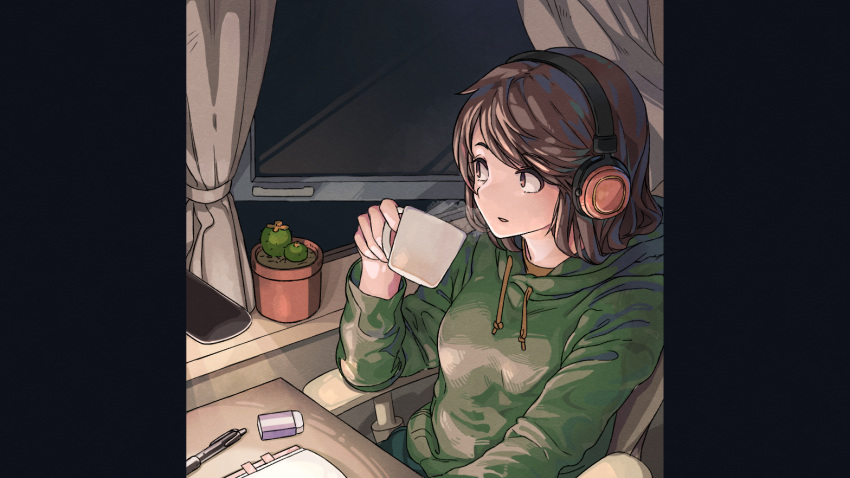 1girl brown_hair cactus chair cup holding holding_cup hood hoodie indoors original oshiri_seijin plant potted_plant short_hair sitting solo upper_body