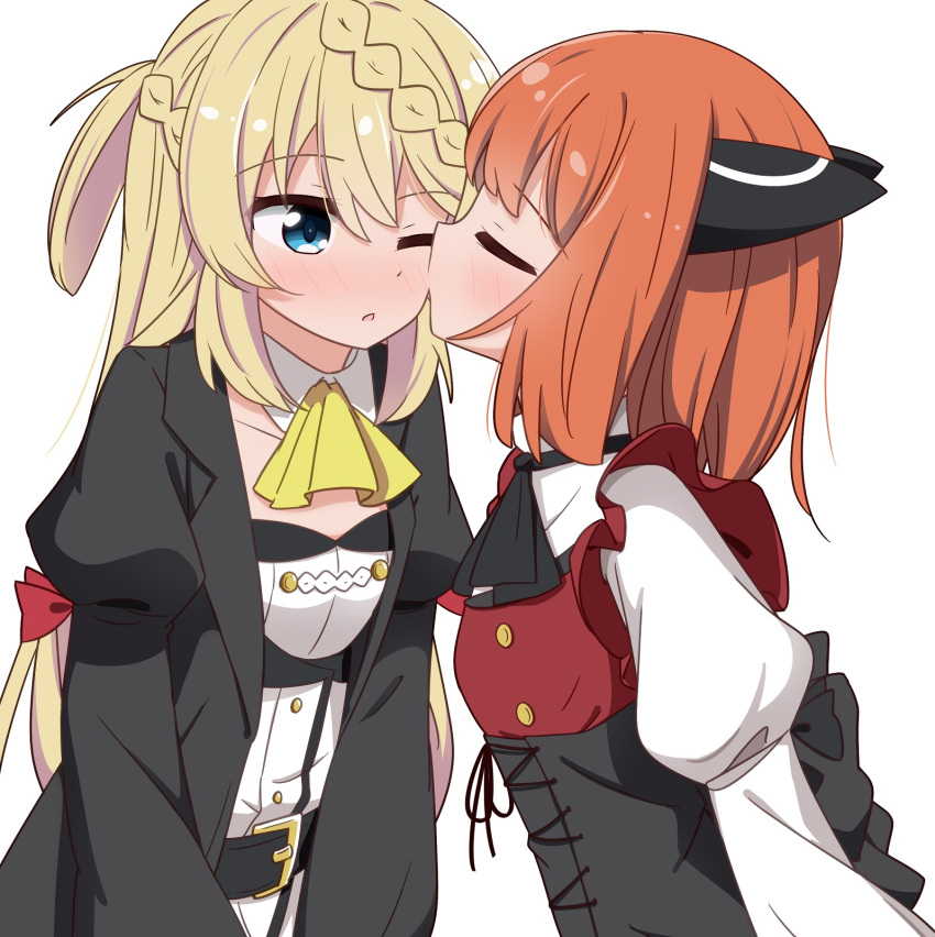 2girls aizawa_azusa ascot belt blonde_hair blue_eyes blush bow braid closed_eyes commentary corset dragon_girl dragon_horns hair_bow highres horns jacket laika_(slime_taoshite_300_nen) long_hair maid miruzawa_akechi multiple_girls one_eye_closed redhead short_hair simple_background slime_taoshite_300_nen_shiranai_uchi_ni_level_max_ni_nattemashita white_background yuri