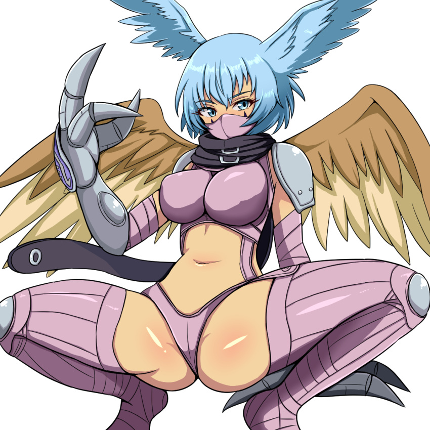 1girl armor bangs bikini black_scarf blue_eyes blue_hair breasts claws commentary_request digimon digimon_(creature) eyebrows_visible_through_hair facial_mark feathered_wings garter_straps groin hair_between_eyes hair_wings hand_up highres large_breasts long_hair looking_at_viewer mask mouth_mask navel partial_commentary purple_bikini purple_legwear rinouru scarf shoulder_armor shutumon sidelocks simple_background skindentation solo spread_legs squatting stomach swimsuit thigh-highs white_background wings