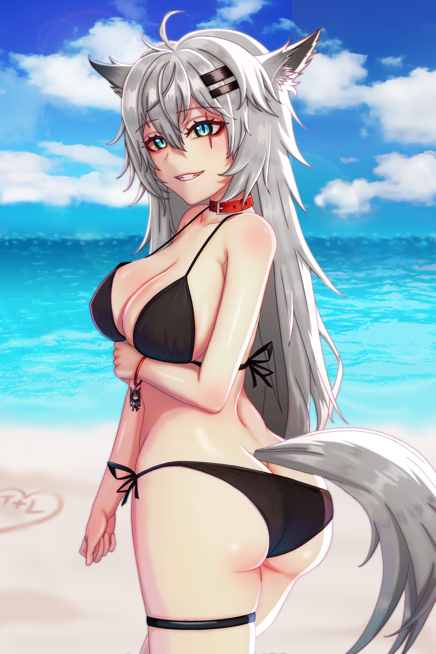 1girl absurd_fox absurdres animal_ears arknights ass bikini black_bikini breasts hair_ornament hairclip highres huge_filesize lappland_(arknights) large_breasts long_hair looking_at_viewer self_upload solo swimsuit white_hair wolf_ears