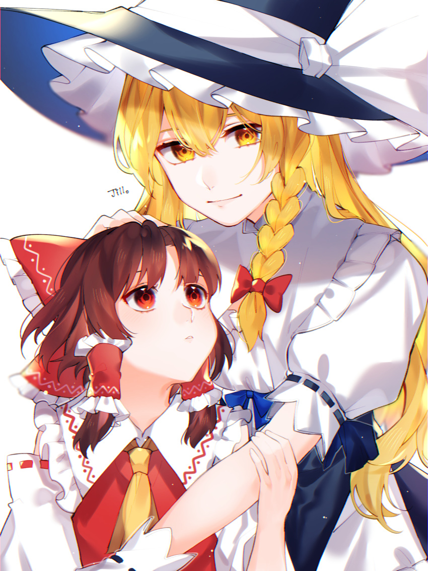 2girls bangs bare_shoulders black_dress black_headwear blonde_hair bow braid brown_hair closed_mouth collar detached_sleeves dress eyebrows_visible_through_hair hair_bow hair_tubes hakurei_reimu hand_on_another's_arm hand_on_another's_head hat highres jill_07km kirisame_marisa long_sleeves looking_at_another looking_at_viewer multiple_girls puffy_short_sleeves puffy_sleeves red_bow red_dress red_eyes short_hair short_sleeves simple_background single_braid sitting smile standing touhou white_background white_bow white_collar white_sleeves witch_hat yellow_eyes yellow_neckwear yuri