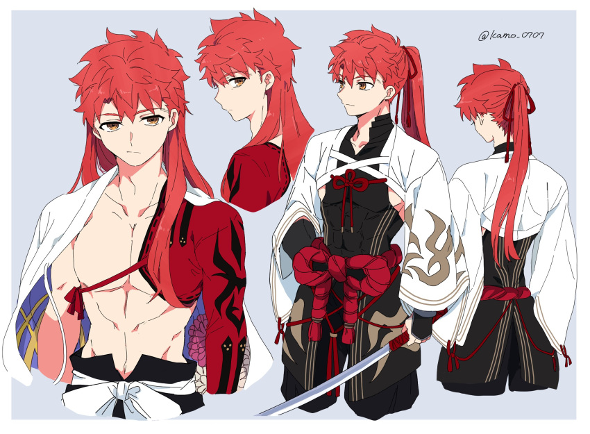 1boy alternate_hair_length alternate_hairstyle bangs cape character_sheet cowboy_shot emiya_shirou fate/grand_order fate/stay_night fate_(series) from_behind hair_ornament highres holding holding_sword holding_weapon igote kamo_0707 looking_at_viewer male_focus multiple_views nagatekkou orange_eyes ponytail profile redhead rope sengo_muramasa_(fate) shimenawa simple_background solo sword twitter_username type-moon upper_body weapon wide_sleeves