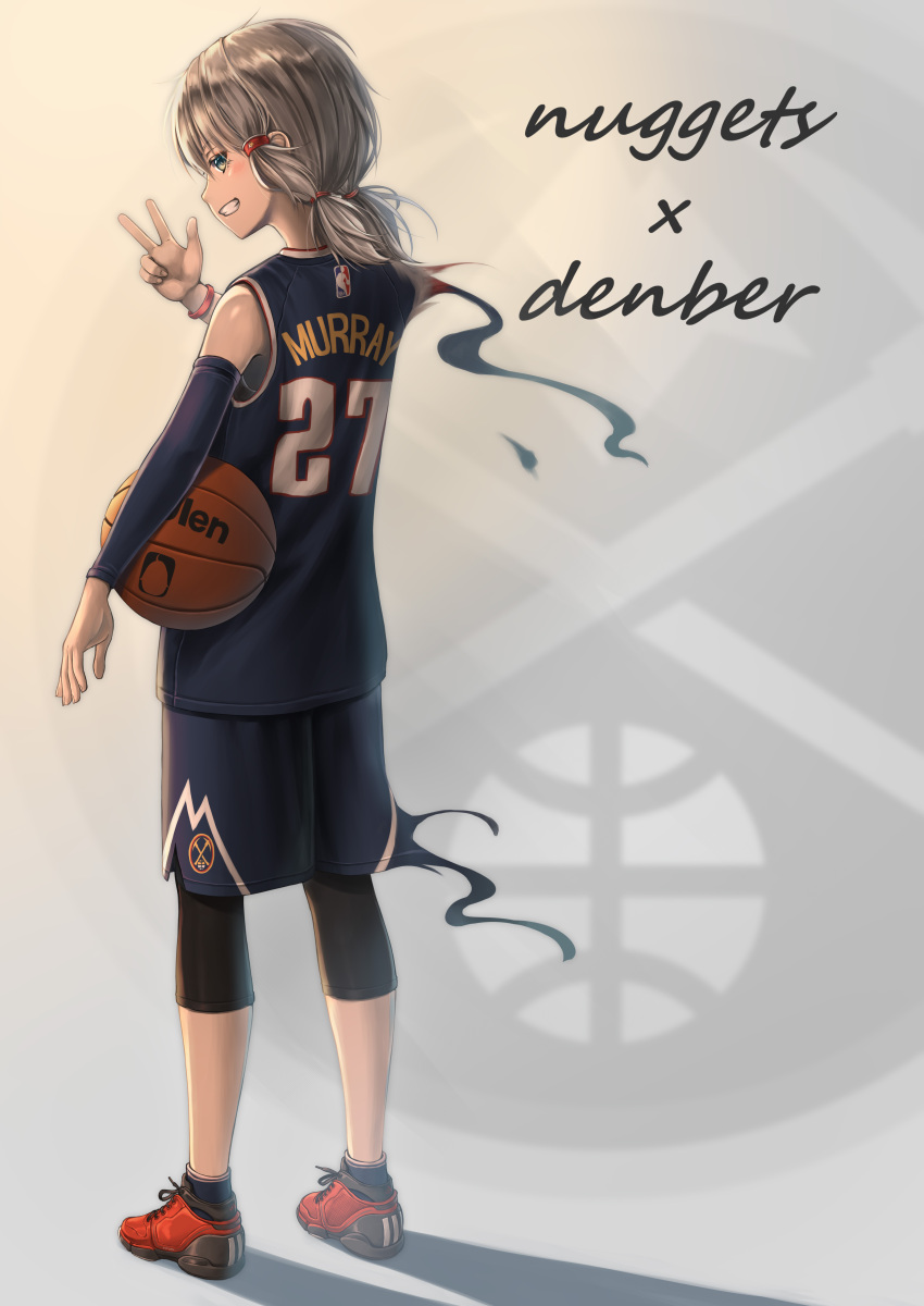 1girl absurdres azur_lane basketball basketball_uniform denver_(azur_lane) denver_nuggets full_body highres jamal_murray legwear_under_shorts logo namesake national_basketball_association shoes shorts sneakers sportswear wristband yakkuro