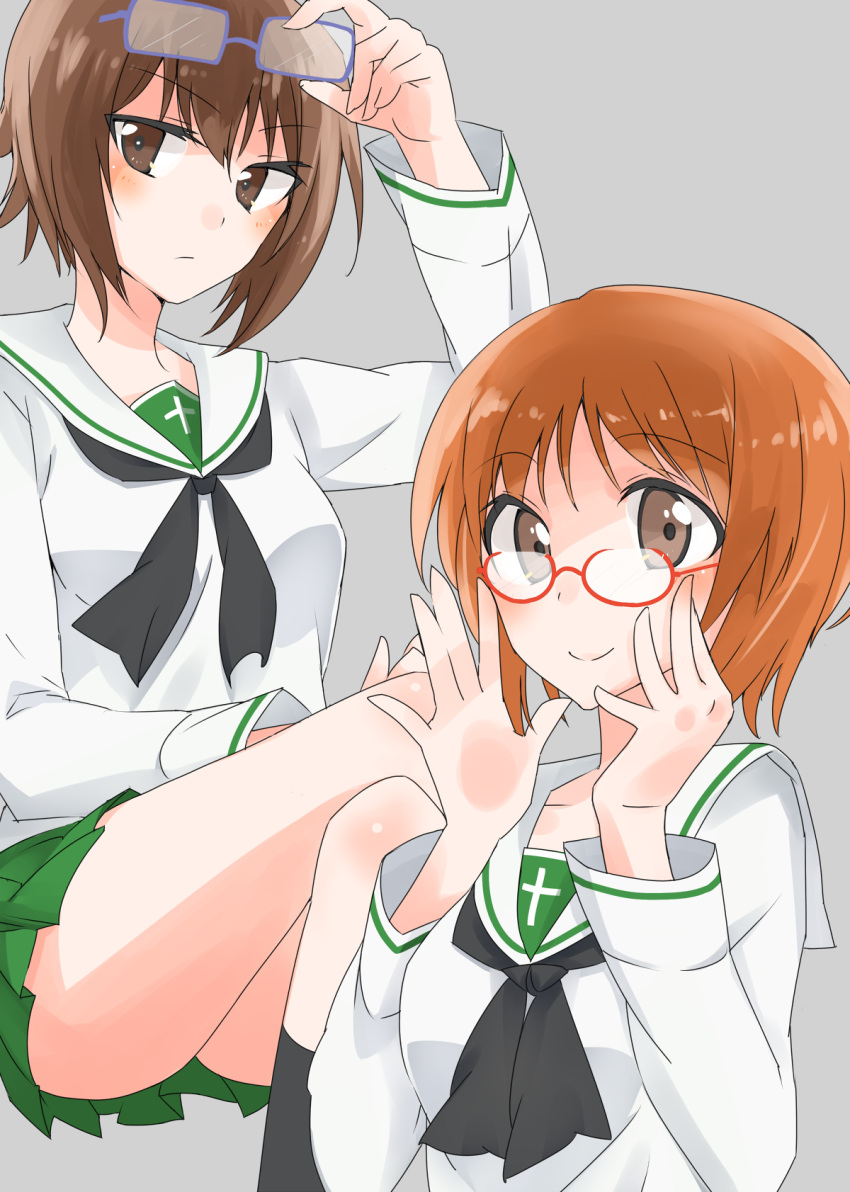 2girls adjusting_eyewear alternate_costume bangs bespectacled black_neckwear blouse brown_eyes brown_hair closed_mouth commentary eyebrows_visible_through_hair girls_und_panzer glasses green_skirt grey_background highres hinase_(twoxout) invisible_chair light_frown long_sleeves looking_at_viewer miniskirt multiple_girls neckerchief nishizumi_maho nishizumi_miho ooarai_school_uniform pleated_skirt rectangular_eyewear red-framed_eyewear sailor_collar school_uniform serafuku short_hair siblings simple_background sisters sitting skirt smile white_blouse white_sailor_collar