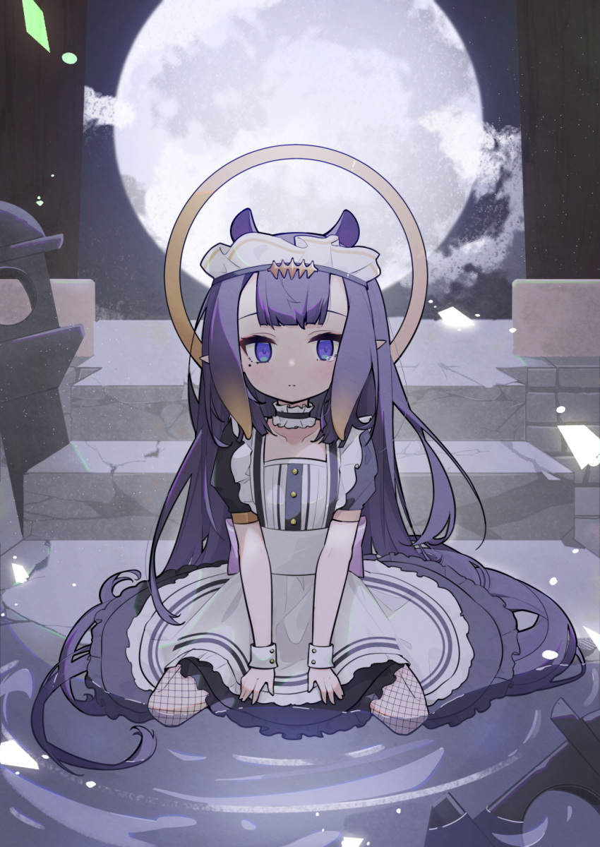 1girl alternate_costume cp2980606 crying crying_with_eyes_open enmaided fishnet_legwear fishnets flat_chest full_moon halo headpiece highres hololive hololive_english long_hair looking_at_viewer maid maid_headdress mole mole_under_eye moon ninomae_ina'nis petals pointy_ears purple_hair sitting solo tears tentacle_hair very_long_hair violet_eyes virtual_youtuber wariza water wrist_cuffs