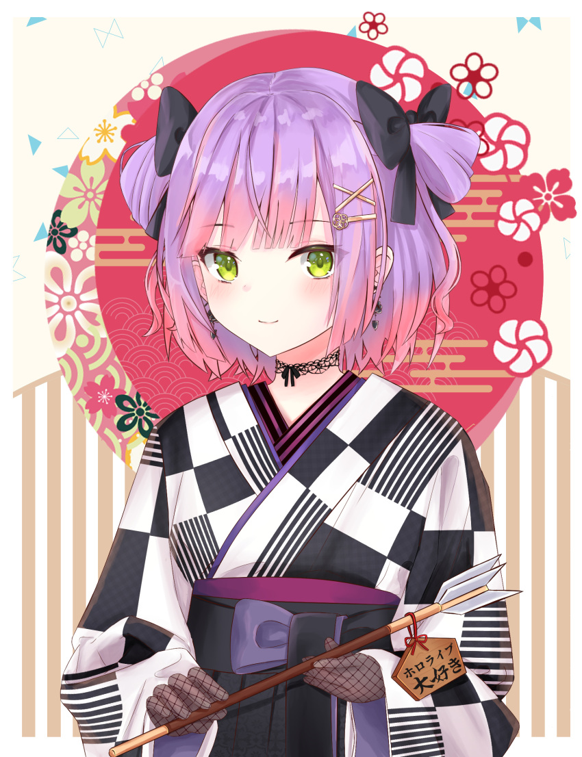 1girl aoki_chiaki arrow_(projectile) black_choker black_skirt blush bow checkered checkered_kimono choker closed_mouth earrings gloves green_eyes hair_bow hair_ornament hair_rings hairclip hakama hamaya highres holding holding_arrow hololive japanese_clothes jewelry kimono lace lace_choker lace_gloves looking_at_viewer purple_hair short_hair skirt smile solo tokoyami_towa two_side_up upper_body virtual_youtuber wide_sleeves