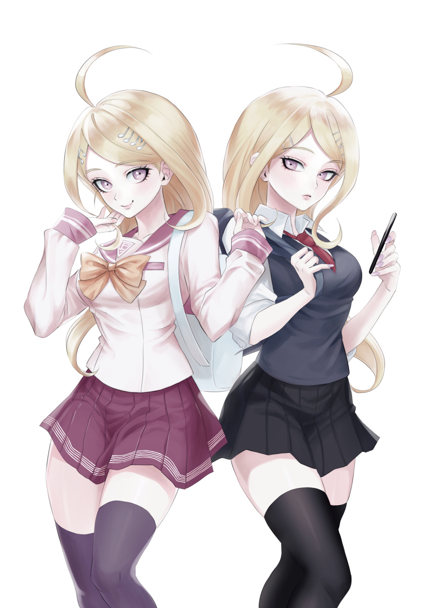 2girls absurdres ahoge akamatsu_kaede alternate_costume backpack bag bangs black_legwear black_skirt black_vest blonde_hair bow breasts dangan_ronpa_(series) dangan_ronpa_v3:_killing_harmony dual_persona feet_out_of_frame grey_background hair_ornament hand_up highres holding holding_phone long_hair long_sleeves looking_at_viewer multiple_girls musical_note_hair_ornament necktie orange_bow phone pink_eyes pink_nails pleated_skirt red_neckwear sailor_collar school_uniform shirt simple_background skirt sleeves_folded_up smile sweater_vest thigh-highs ttegi_(ddeck_dg) vest zettai_ryouiki