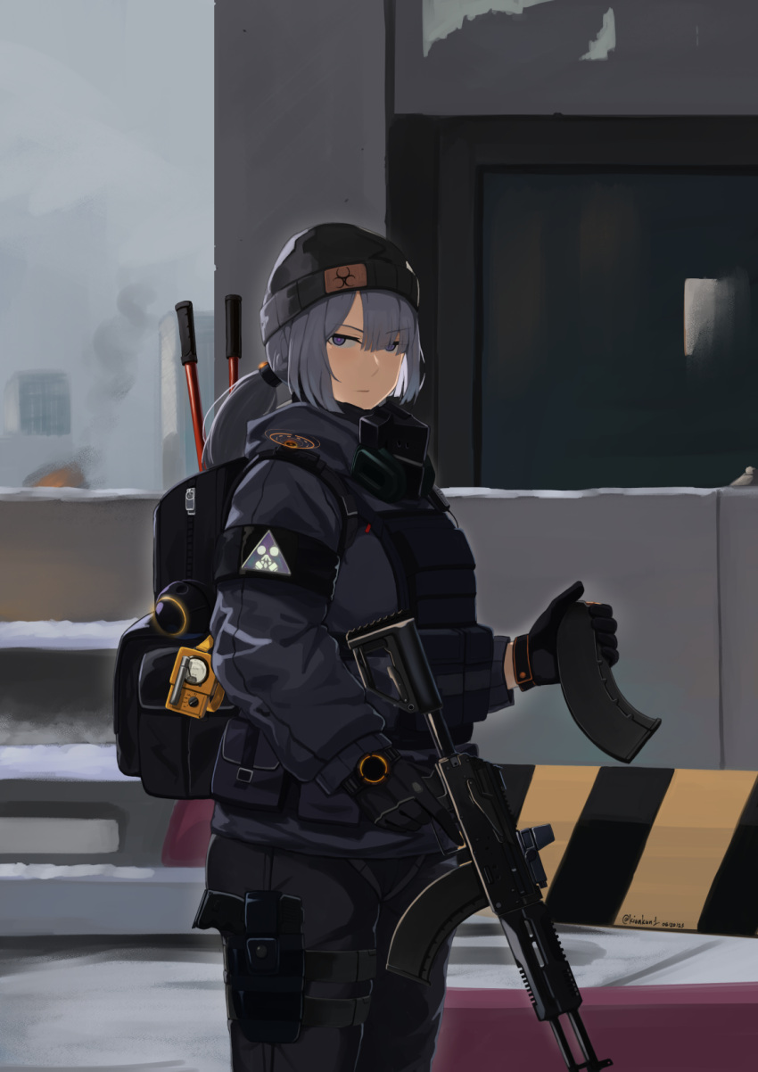 1girl ak-15_(girls_frontline) assault_rifle backpack bag beanie black_gloves bulletproof_vest english_commentary girls_frontline gloves grey_hair gun handgun hat highres holding holding_gun holding_weapon holster jacket kion-kun long_hair looking_at_viewer magazine_(weapon) ponytail rifle solo tom_clancy's_the_division violet_eyes weapon