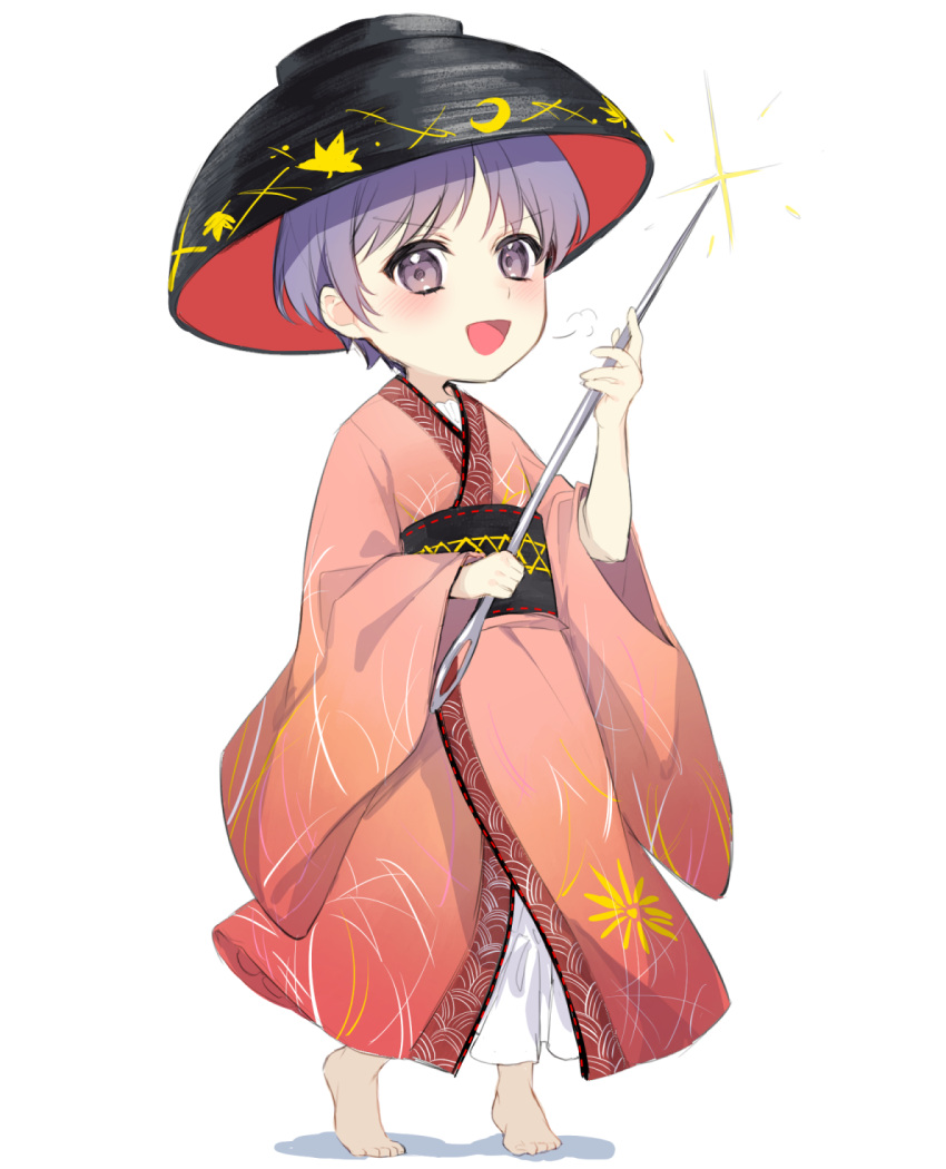 1girl bangs barefoot belt black_belt black_headwear bowl bowl_hat chibi crescent eyebrows_visible_through_hair floral_print flower hands_up hat highres japanese_clothes jill_07km kimono long_sleeves looking_at_viewer needle open_mouth pink_kimono pink_sleeves purple_hair short_hair simple_background smile standing star_(symbol) sukuna_shinmyoumaru touhou very_short_hair violet_eyes white_background yellow_flower