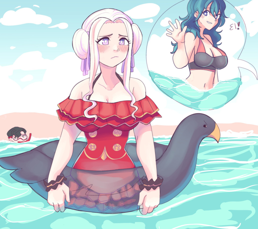 1boy 2girls beach bikini bikini_top black_bikini_top black_hair blue_eyes blue_hair blush bracelet breasts byleth_(fire_emblem) byleth_eisner_(female) byleth_eisner_(female) clouds day duck_innertube edelgard_von_hresvelg female_my_unit_(fire_emblem:_three_houses) fire_emblem fire_emblem:_three_houses fire_emblem:_three_houses goggles hair_bun hair_ribbon henemimi hubert_von_vestra innertube intelligent_systems long_hair medium_hair my_unit_(fire_emblem:_three_houses) navel nervous nintendo ocean one-piece_swimsuit outdoors partially_submerged purple_eyes purple_ribbon ribbon sad scared short_hair sky snorkel summer swimming timeskip water white_hair yellow_eyes young_adult