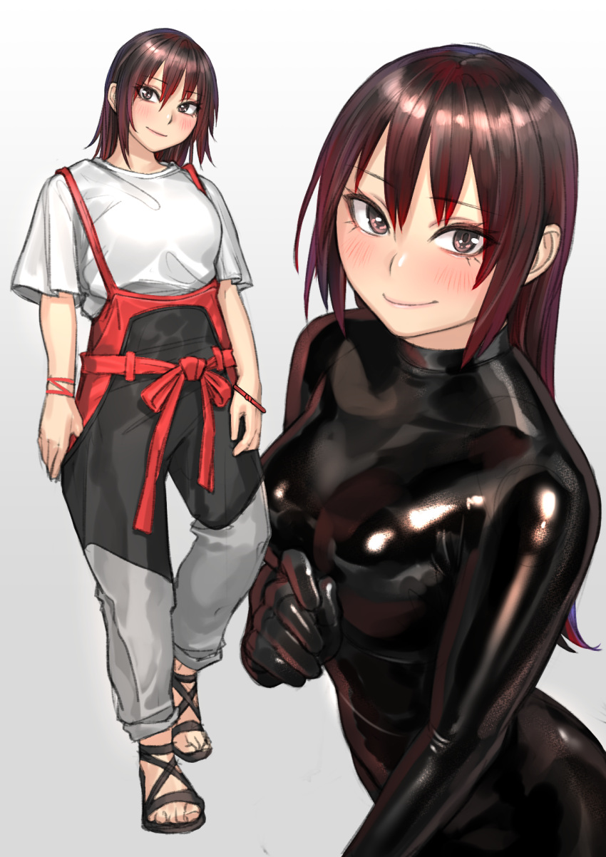 2girls blush bodysuit brown_eyes brown_hair hair_between_eyes highres kirie_kairi latex_bodysuit long_hair looking_at_viewer multiple_girls original skin_tight smile