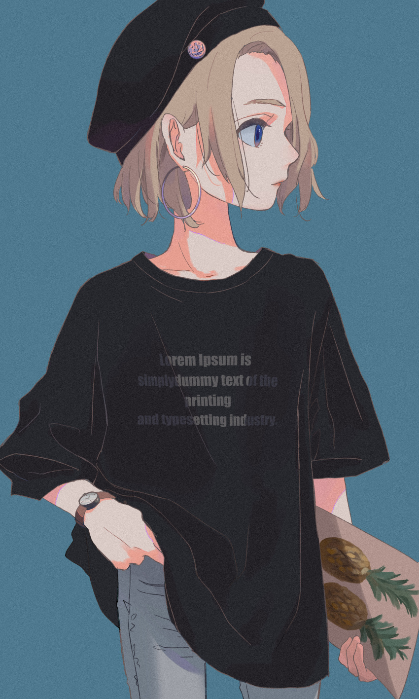 1girl absurdres black_headwear black_shirt blue_background blue_eyes brown_hair english_text food fruit grey_pants hat highres holding lorem_ipsum original pants pineapple print_shirt profile ritao_kamo shirt short_hair short_sleeves simple_background solo t-shirt watch watch