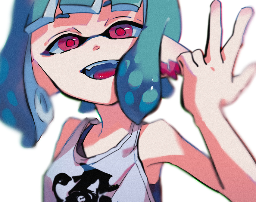 1girl bangs grey_tank_top hand_up highres inkling looking_at_viewer open_mouth print_shirt red_eyes ritao_kamo shirt short_hair simple_background smile solo splatoon_(series) splatoon_2 tank_top upper_body w white_background