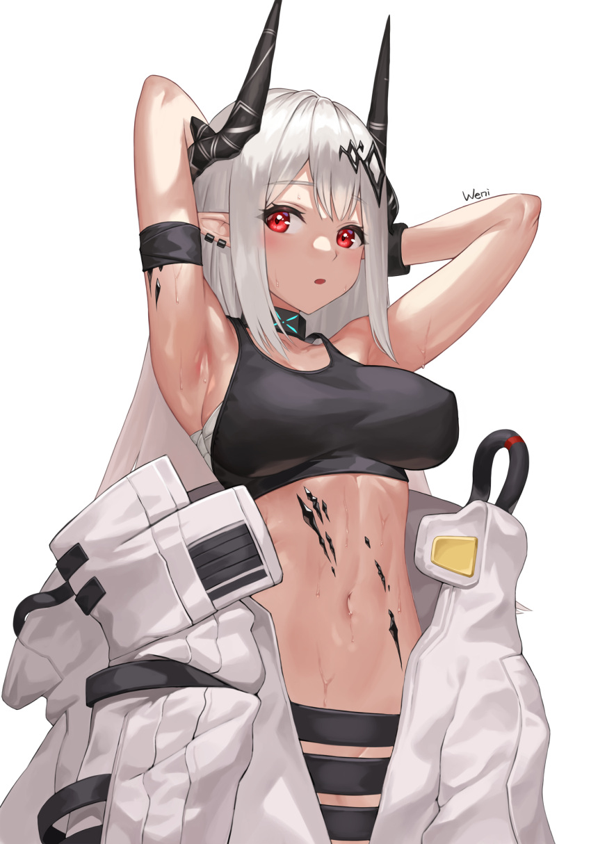 1girl arknights armband armpits arms_up bangs black_choker choker commentary cowboy_shot crop_top highres horns infection_monitor_(arknights) karmiel long_hair looking_at_viewer midriff mudrock_(arknights) navel oripathy_lesion_(arknights) parted_lips red_eyes sarashi silver_hair simple_background solo sports_bra standing stomach sweat white_background