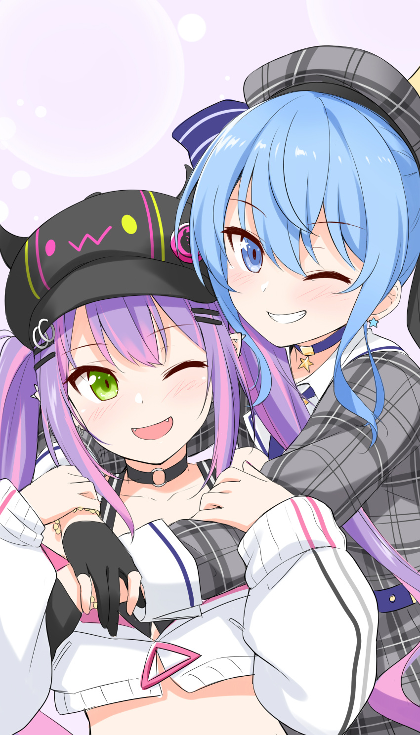 2girls ;d absurdres arm_grab blue_hair blush eyebrows_visible_through_hair fang felutiahime full_body grin highres holding_another's_arm hololive hoshimachi_suisei hug hug_from_behind long_sleeves looking_at_another looking_at_viewer multiple_girls one_eye_closed open_mouth purple_hair simple_background smile tokoyami_towa upper_body virtual_youtuber white_background